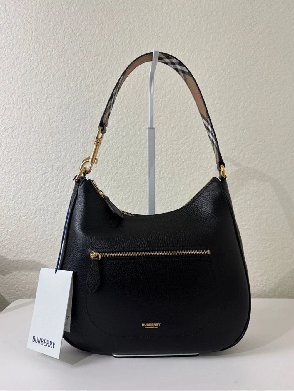 Burberry Black Pebbled Leather Hobo Shoulder Bag Medium